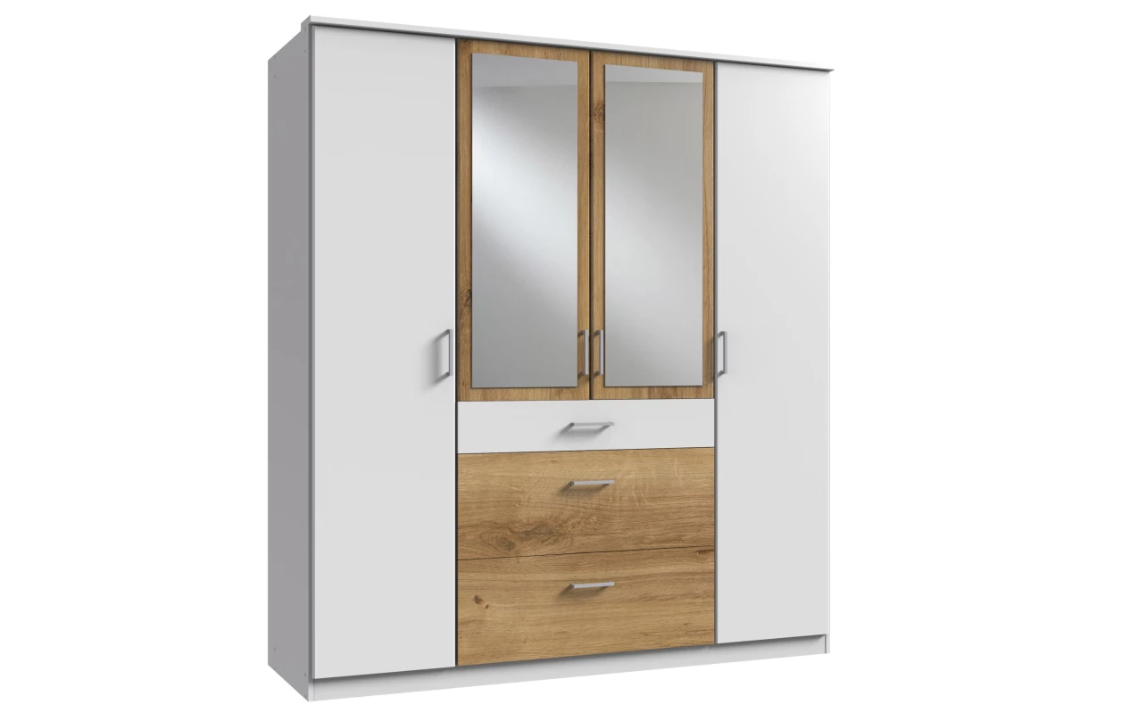 Šatní skříň se zrcadlem Click, 91 cm, bílá/prkenný dub 25