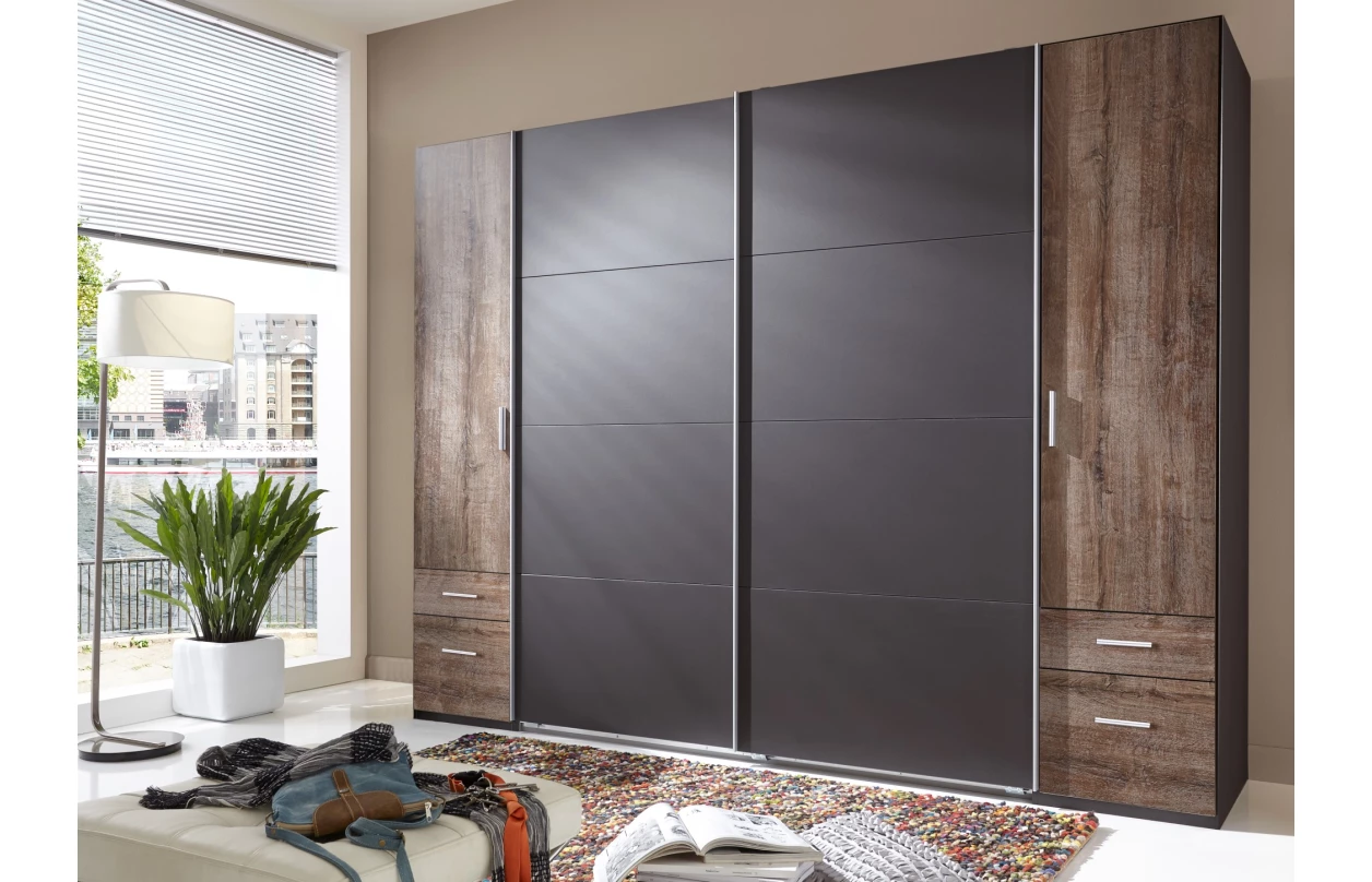 Šatní skříň Lotto, 270 cm, dub hickory/antracitová ocel 14