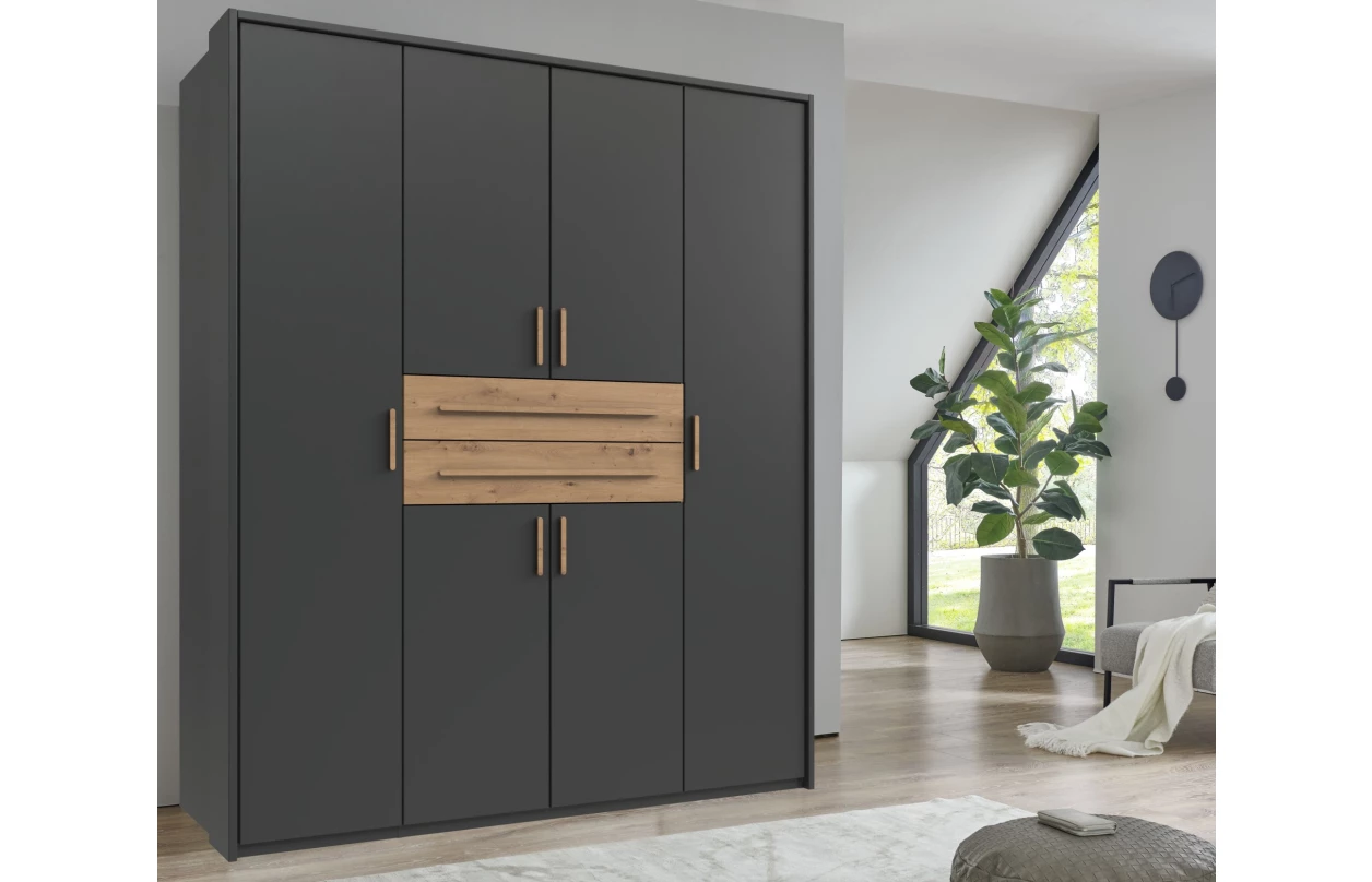 Šatní skříň se zásuvkami Digit, 225 cm, béžová kašmír/dub artisan 93