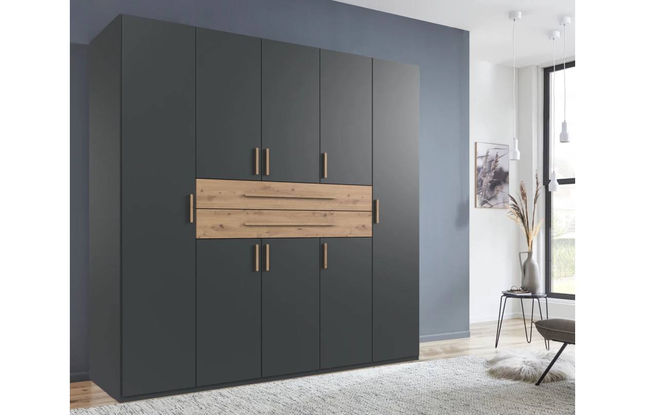 Šatní skříň se zásuvkami Digit, 225 cm, béžová kašmír/dub artisan 95
