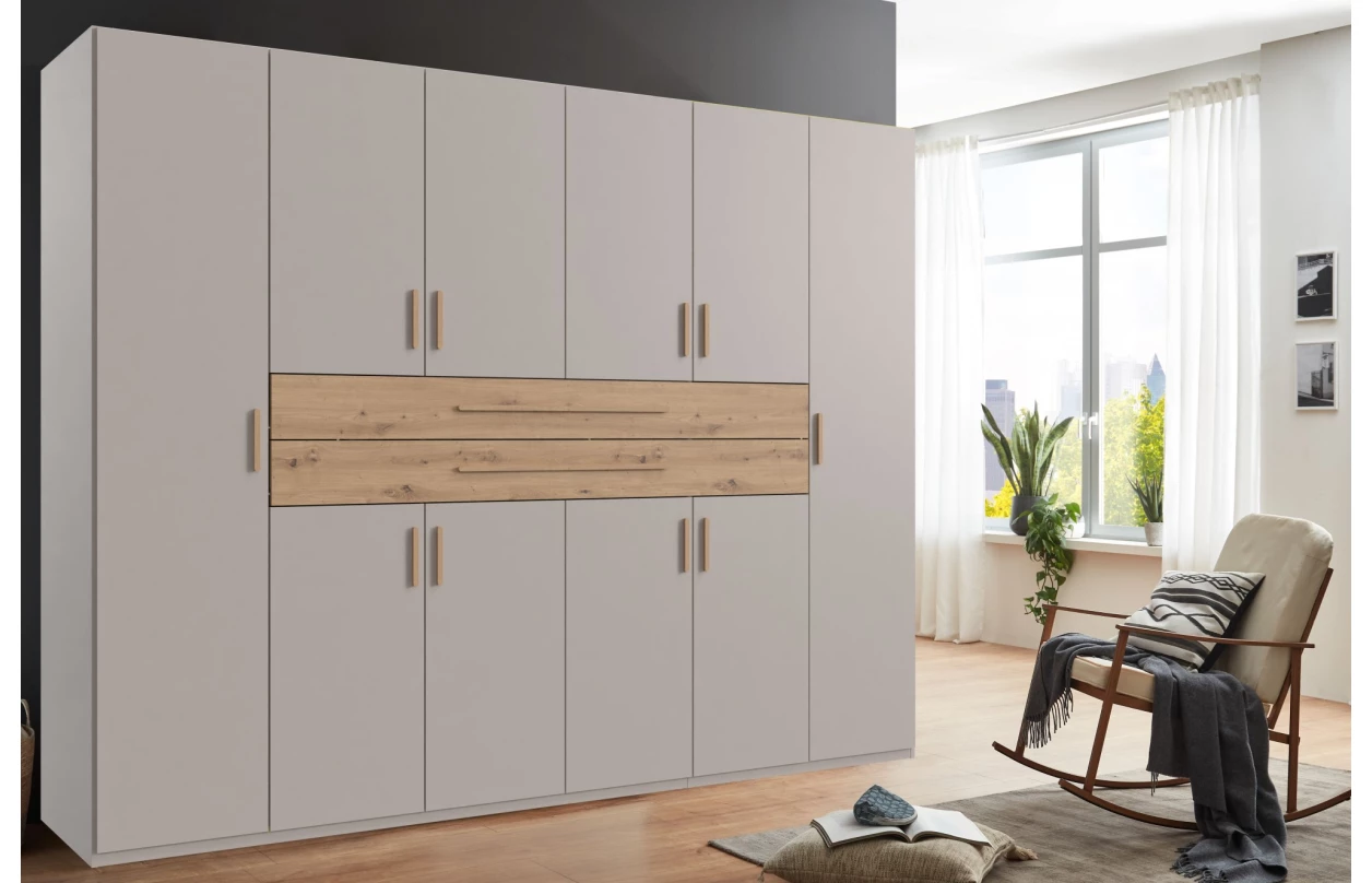 Šatní skříň se zásuvkami Digit, 225 cm, béžová kašmír/dub artisan 114