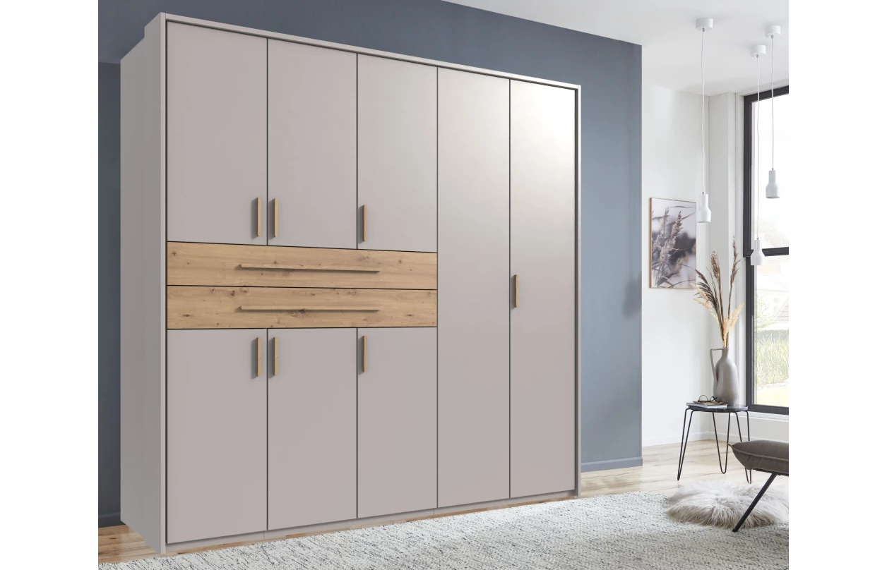 Šatní skříň se zásuvkami Digit, 225 cm, béžová kašmír/dub artisan 115