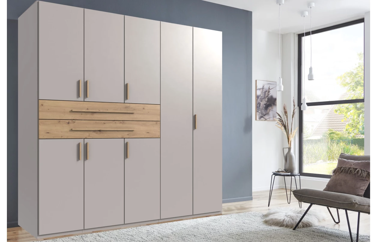 Šatní skříň se zásuvkami Digit, 225 cm, béžová kašmír/dub artisan 116