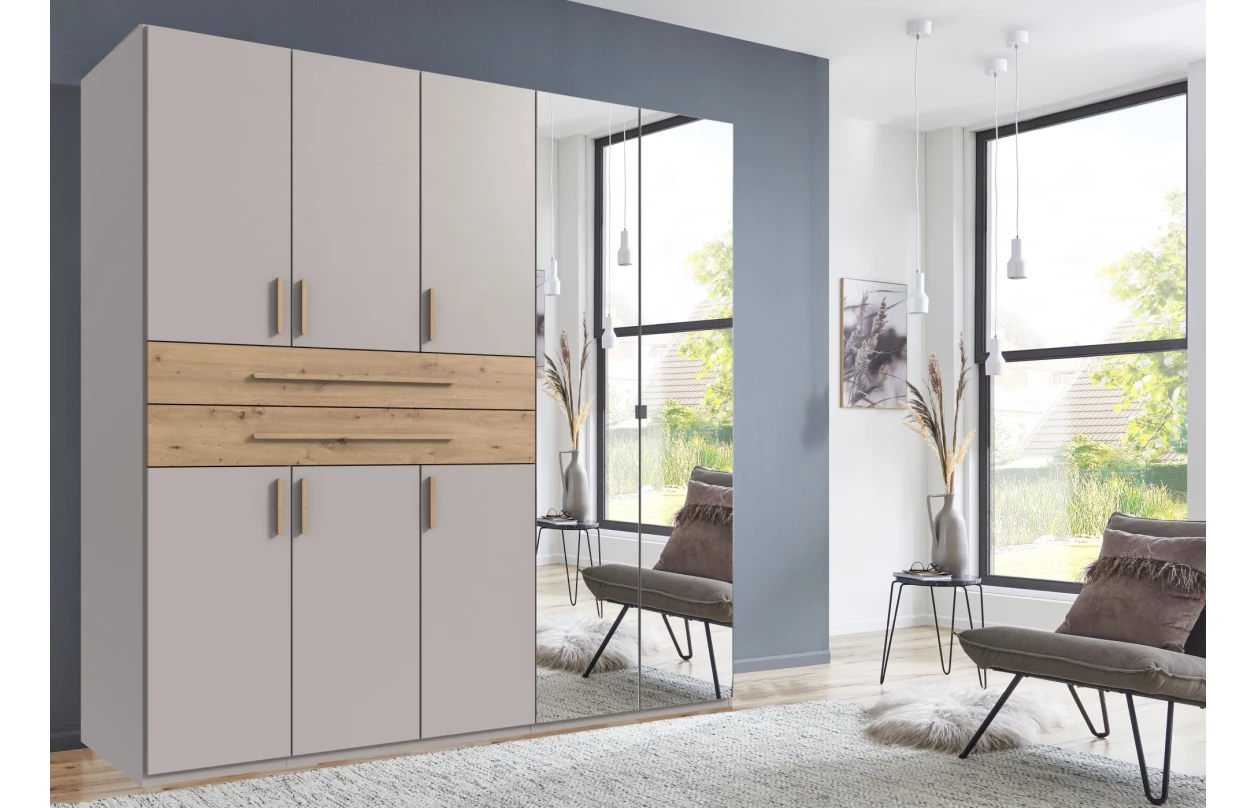 Šatní skříň se zásuvkami Digit, 225 cm, béžová kašmír/dub artisan 120