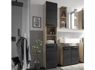 Vysoká koupelnová skříňka Vista 34 cm, dub viking/černá