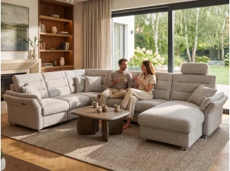Sedačka s relaxační funkcí Foreno, světle šedá látka, tvar pravé U